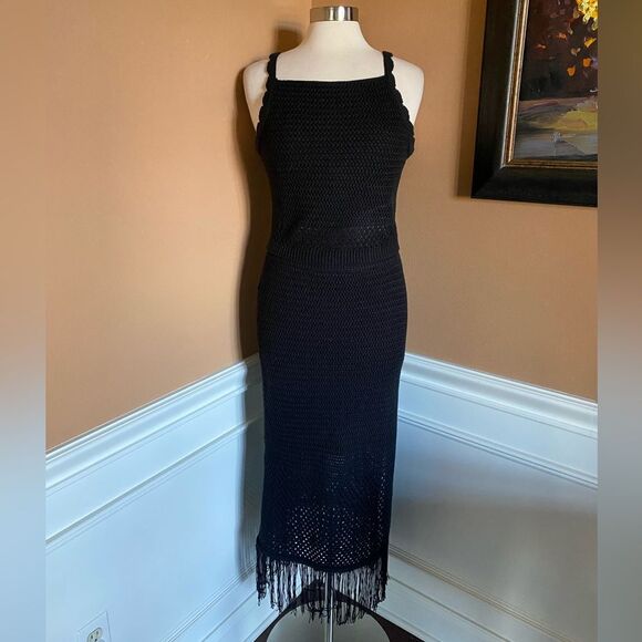 House of Harlow 1960 Knit 2 piece top with maxi fringe skirt black M - Picture 5 of 11